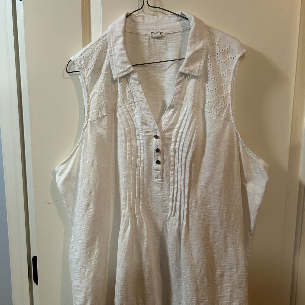 Westport White Sleeveless Pintuck Tunic with Eyelet Yoke